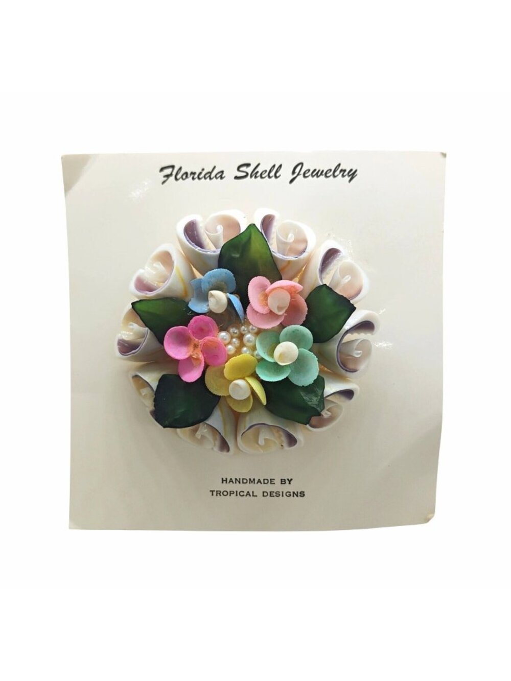 Vtg Florida Shell Jewelry Brooch by Tropical Designs Handmade Floral Bouquet NEW